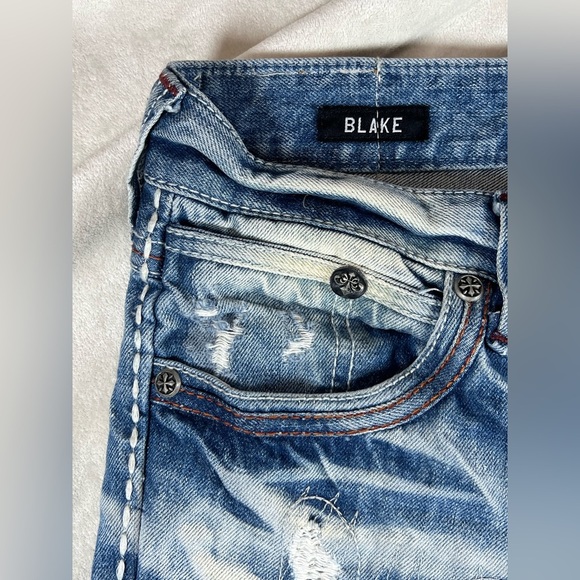 INSANE Y2K Affliction Black Premium BLAKE 34 Long Patch Distressed Jeans AC/DC - Picture 7 of 16
